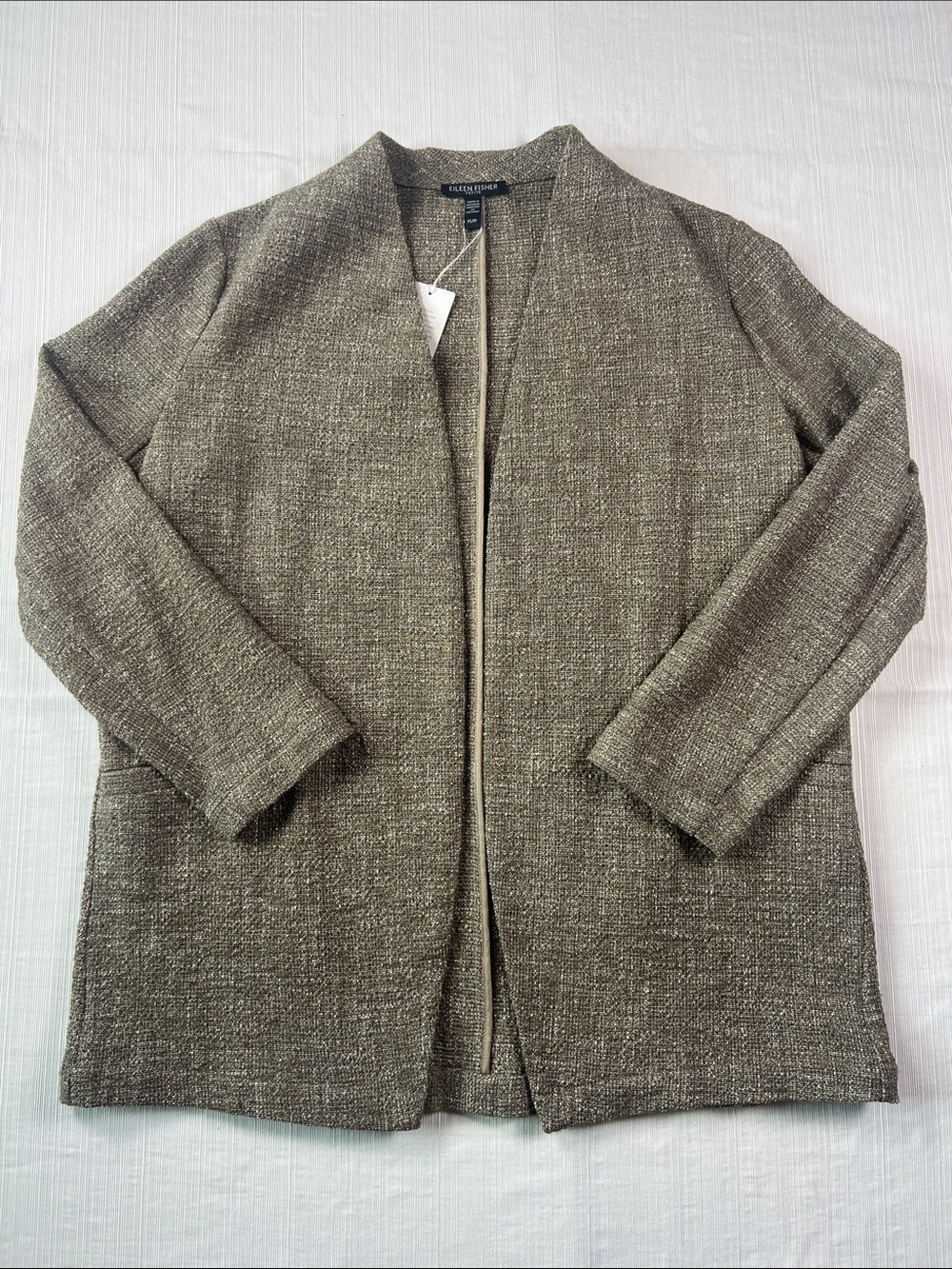 Eileen Fisher Open Front Tan and Cream Textured Blazer